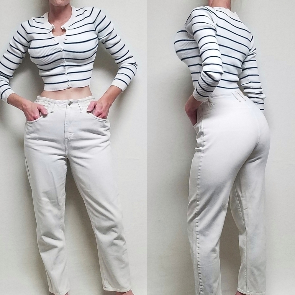 Vintage 90s Gitano White Cotton Extra High Rise Elastic Waist Tapered Jeans 6